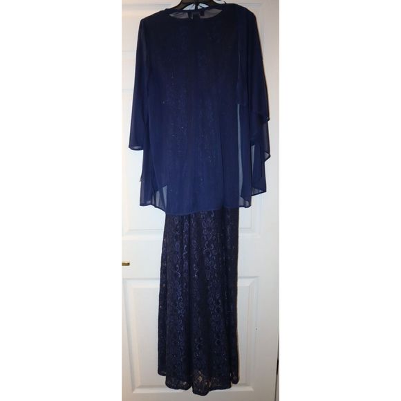 R&M Richards Women's Sz 14 Navy Beaded Dress & Flyaway Jacket 2 Piece Set $139 - Picture 2 of 7